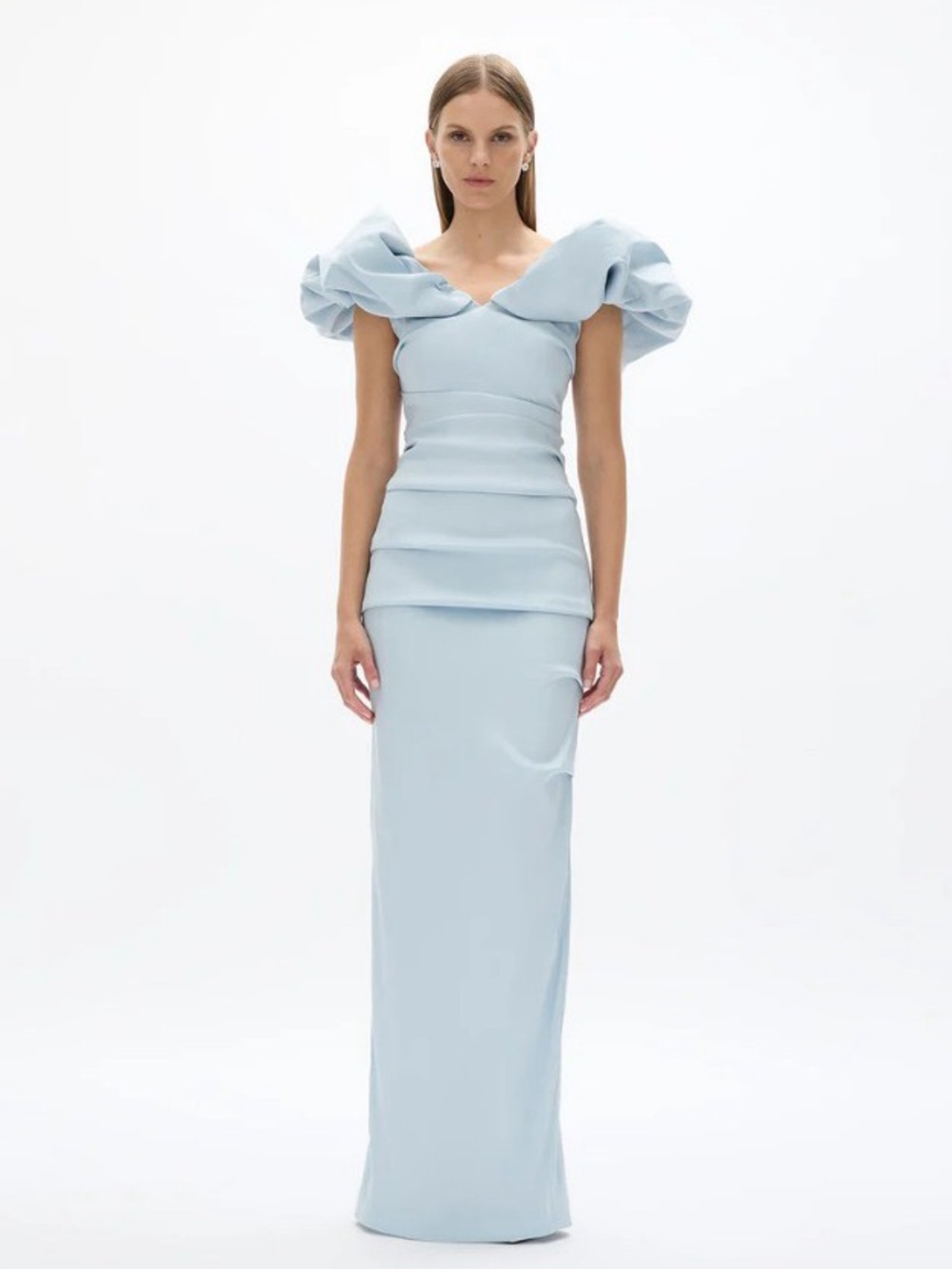 Rachel Gilbert Frey Puff-Sleeve Icy Blue Column Floor Length Gown AU8/US4 NWOT